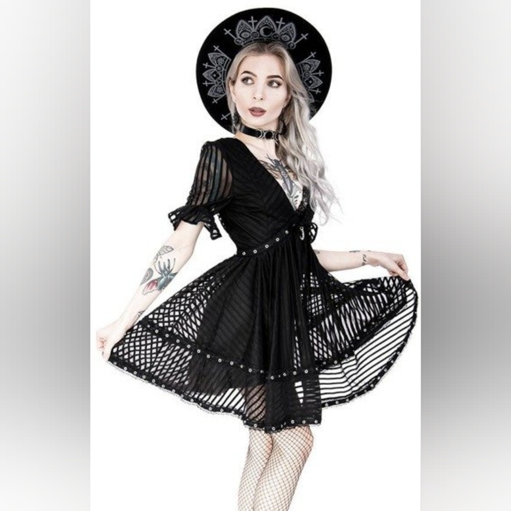 ★ISO★ Restyle Lace Mesh Dolly Dress A-line skirt Crescent Charm Black Dress S - Picture 7 of 8